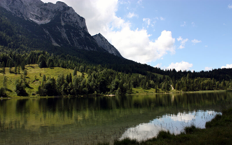 Mountain Lake Landscape — Green, Serene, Afternoon