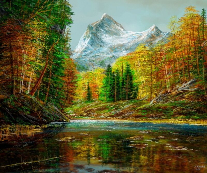 Mountain Lake Landscape — Green, Serene, Autumn, Painting