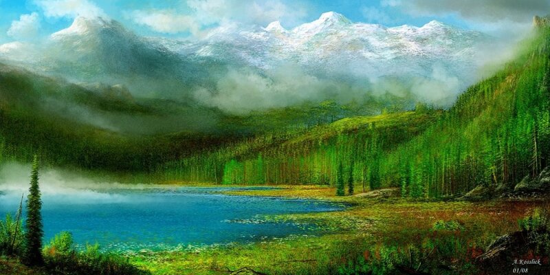 Mountain Lake Landscape — Green, Serene, Morning, Painting
