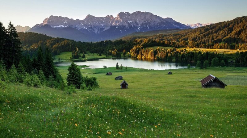 Mountain Lake Landscape — Green, Serene, Morning, Photograph, Huts