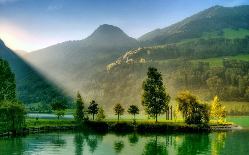 Mountain Lake Landscape — Green, Serene, Morning, Photograph