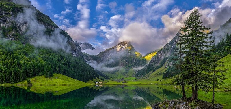 Mountain Lake Landscape — Green, Serene, Morning, Photograph, Trees, Clouds
