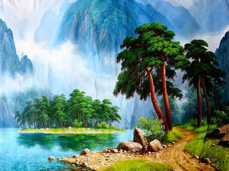 Mountain Lake Landscape — Green, Serene, Painting, Trees