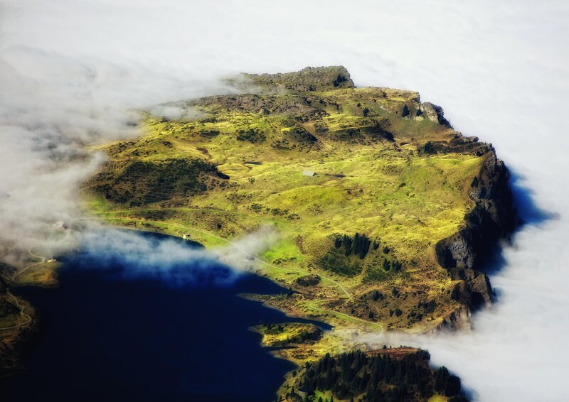 Mountain Lake Landscape — Green, Serene, Photograph, Clouds