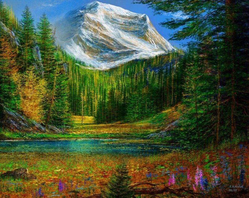 Mountain Lake Landscape — Green, Serene, Summer, Painting, Forest, Snow-capped Mountain