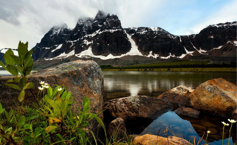 Mountain Lake Landscape — Green, Serene, Summer, Photograph, Mountains, Rocks