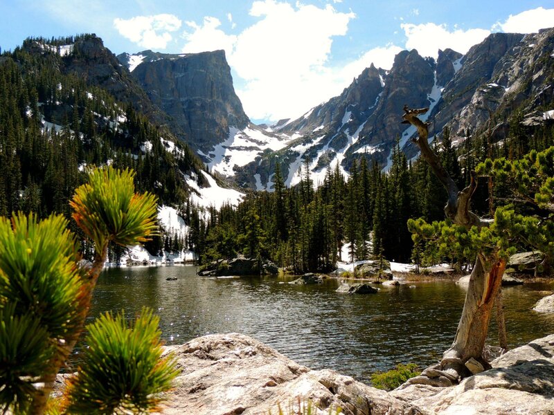 Mountain Lake Landscape — Green, Serene, Summer, Photograph, Pine Trees, Snow