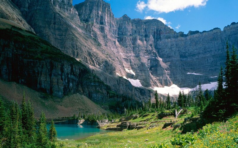 Mountain Lake Landscape — Green, Serene, Summer, Photograph, Trees, Snow Patches, Cliffs