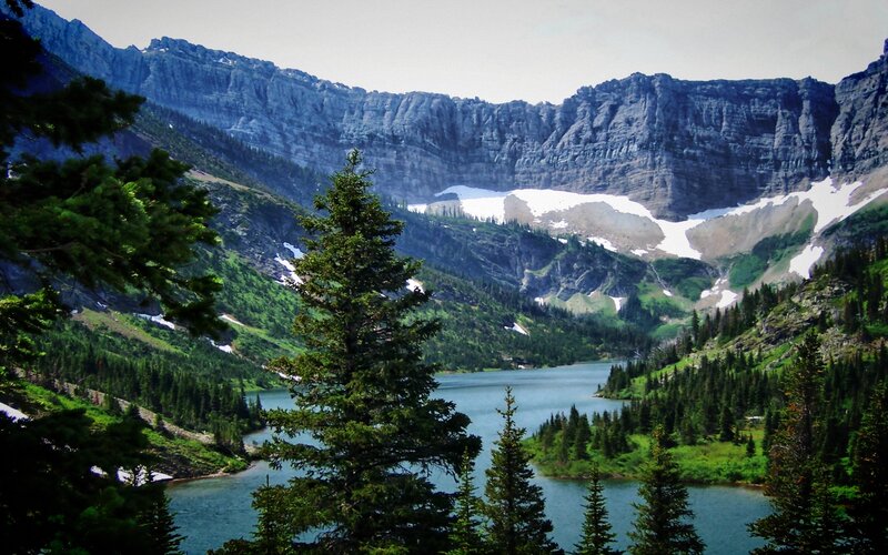 Mountain Lake Landscape — Green, Serene, Summer, Photograph, Trees, Snow Patches