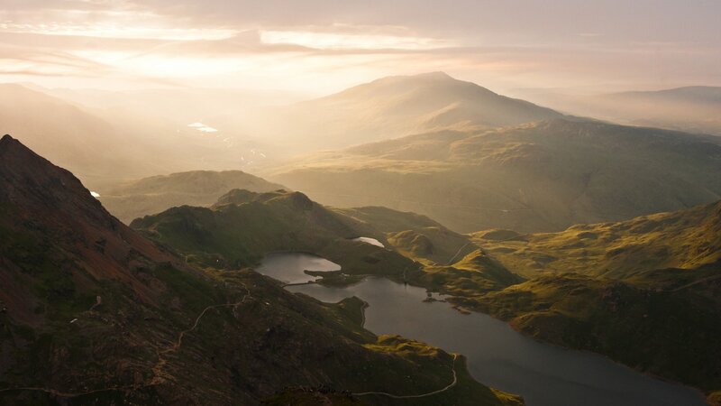 Mountain Lake Landscape — Green, Serene, Sunrise
