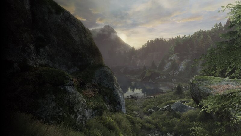 Mountain Lake Landscape — Green, Serene, Sunset, 3d Render