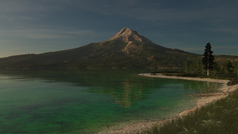 Mountain Lake Landscape — Green, Serene, Sunset, 3d Render, Trees, Shore
