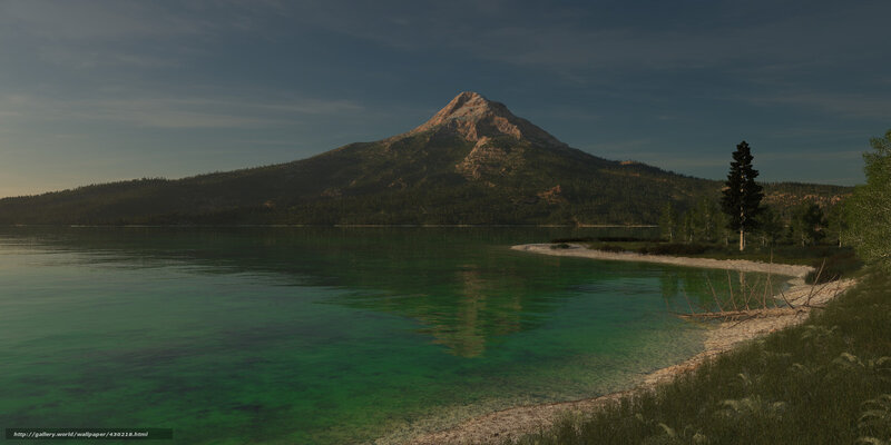 Mountain Lake Landscape — Green, Serene, Sunset, 3d Render, Trees