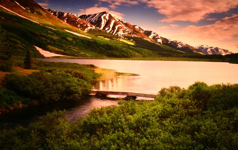 Mountain Lake Landscape — Green, Serene, Sunset, Photograph, Mountains, Bridge