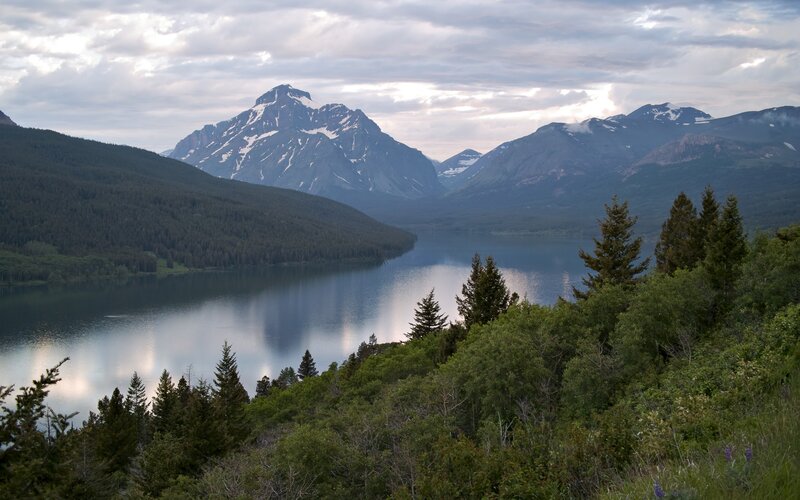 Mountain Lake Landscape — Green, Serene, Sunset, Photograph, Mountains, Forest, Blue