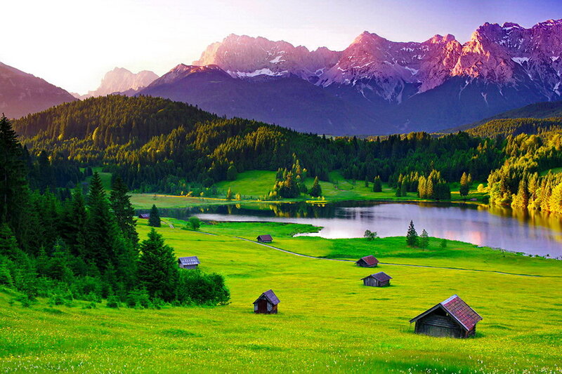 Mountain Lake Landscape — Green, Serene, Sunset, Photograph, Mountains, Forest