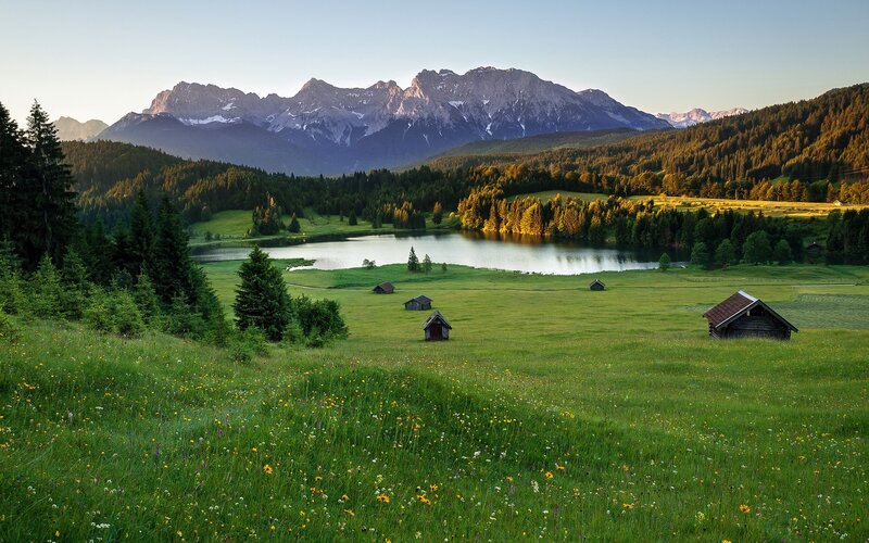 Mountain Lake Landscape — Green, Serene, Sunset, Photograph, Mountains, Huts, Forest