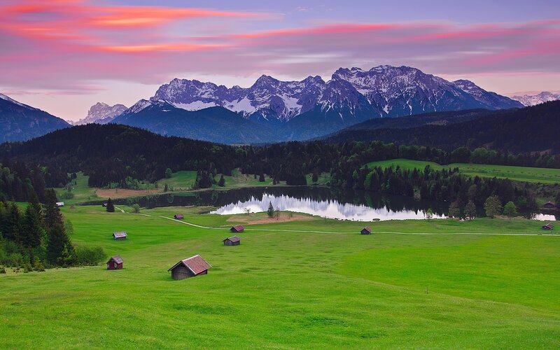 Mountain Lake Landscape — Green, Serene, Sunset, Photograph, Mountains, Huts, Forests