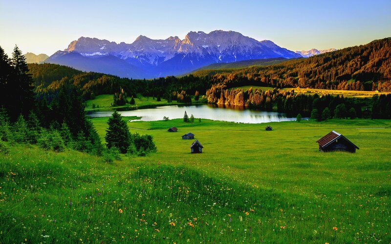 Mountain Lake Landscape — Green, Serene, Sunset, Photograph, Mountains, Huts