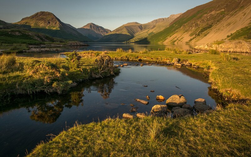Mountain Lake Landscape — Green, Serene, Sunset, Photograph, Mountains, River