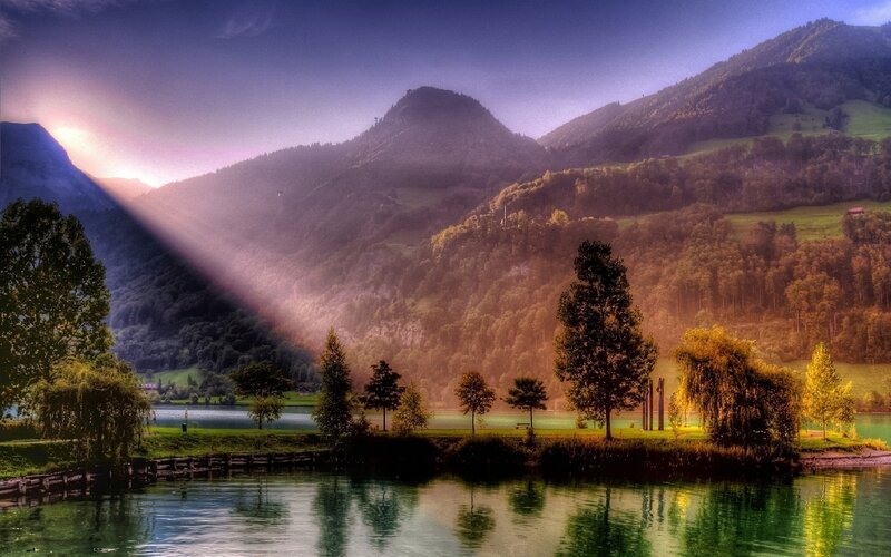Mountain Lake Landscape — Green, Serene, Sunset, Photograph, Mountains