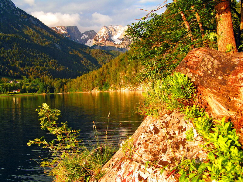Mountain Lake Landscape — Green, Serene, Sunset, Photograph, Mountains, Trees