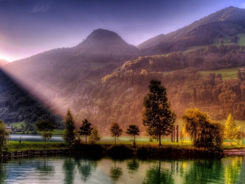 Mountain Lake Landscape — Green, Serene, Sunset, Photograph