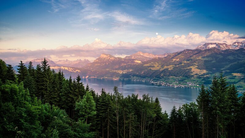 Mountain Lake Landscape — Green, Serene, Sunset, Photograph, Trees, Mountains