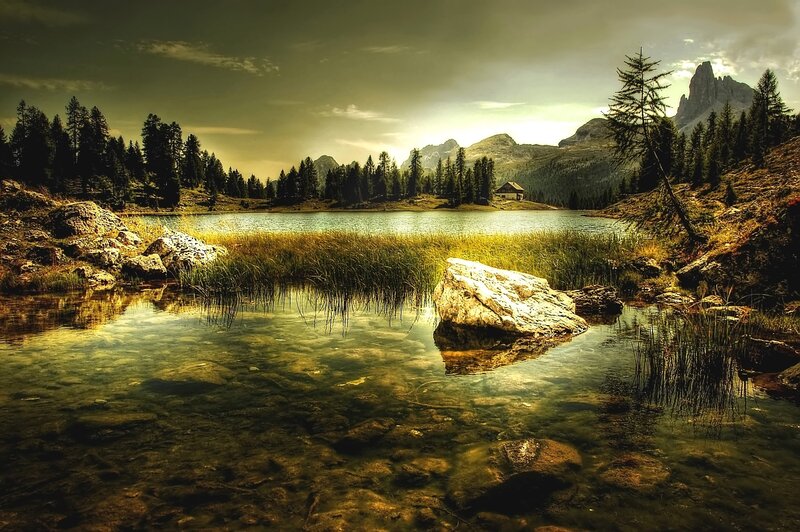 Mountain Lake Landscape — Green, Serene, Sunset, Photograph, Trees, Rock