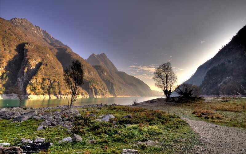 Mountain Lake Landscape — Green, Serene, Sunset, Photograph, Trees, Rocks