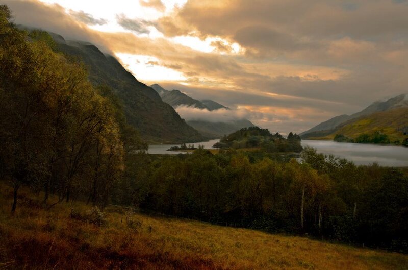 Mountain Lake Landscape — Green, Serene, Sunset