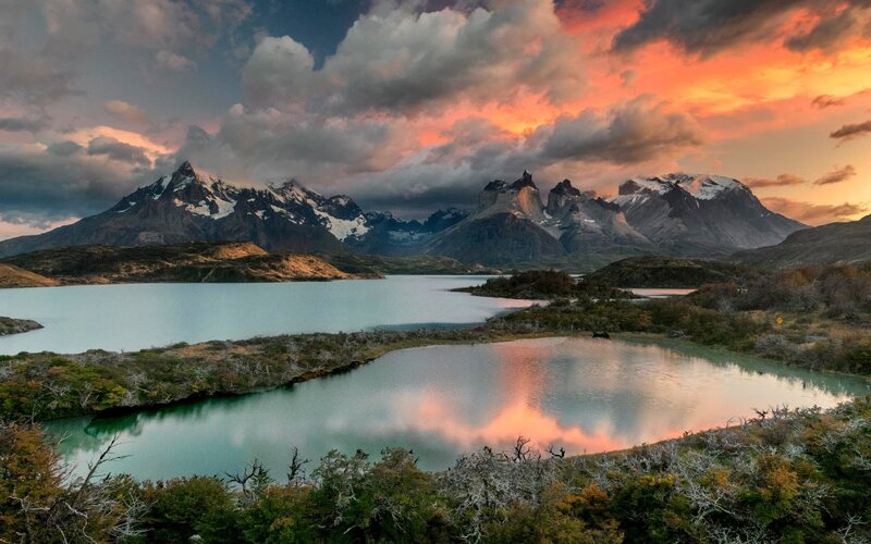 Mountain Lake Landscape — Orange, Dramatic, Sunset, Photograph, Mountains, Clouds