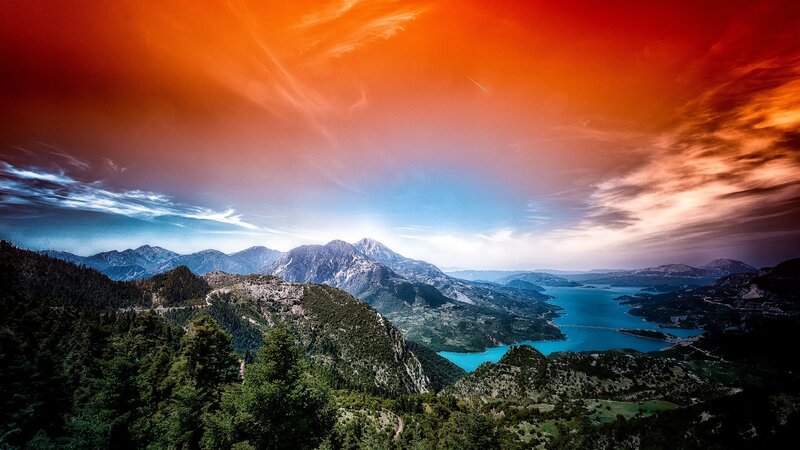 Mountain Lake Landscape — Orange, Dramatic, Sunset, Photograph, Mountains, Sky