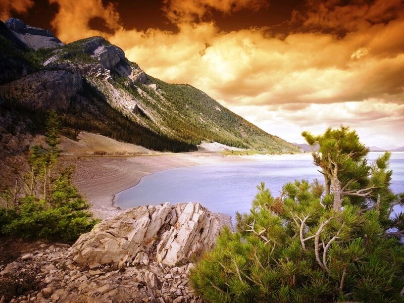 Mountain Lake Landscape — Orange, Dramatic, Sunset, Photograph, Mountains, Trees, Clouds, Blue