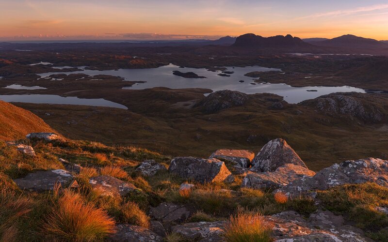 Mountain Lake Landscape — Orange, Serene, Sunset