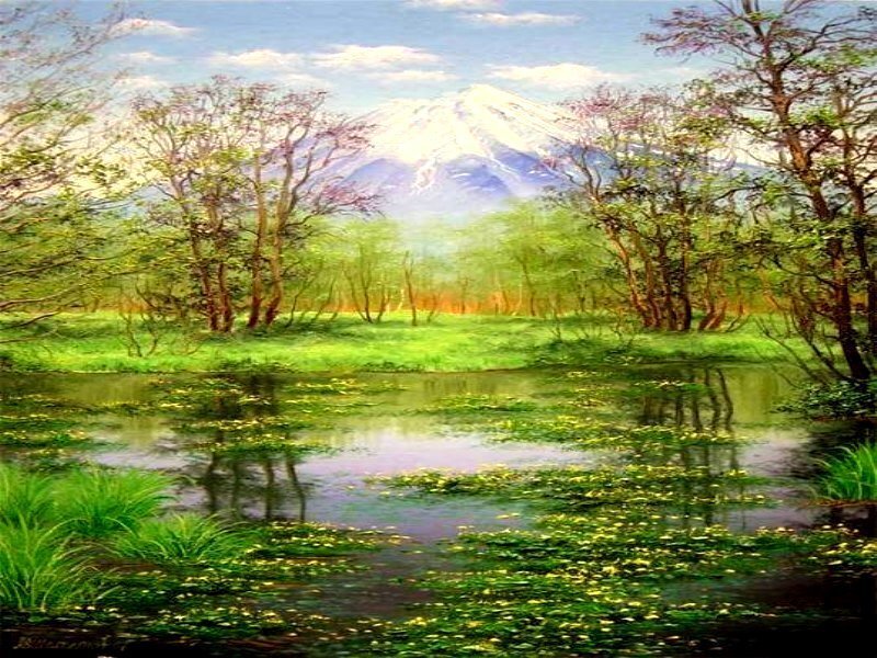 Mountain lake landscape painting