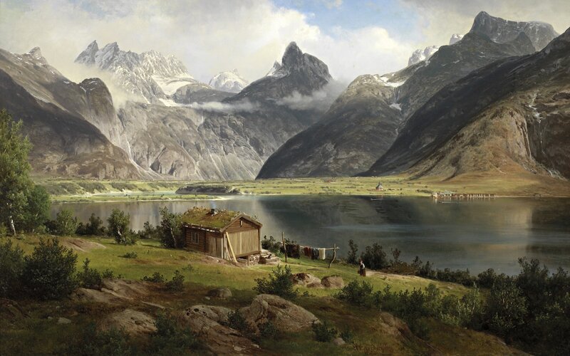 Mountain lake landscape painting