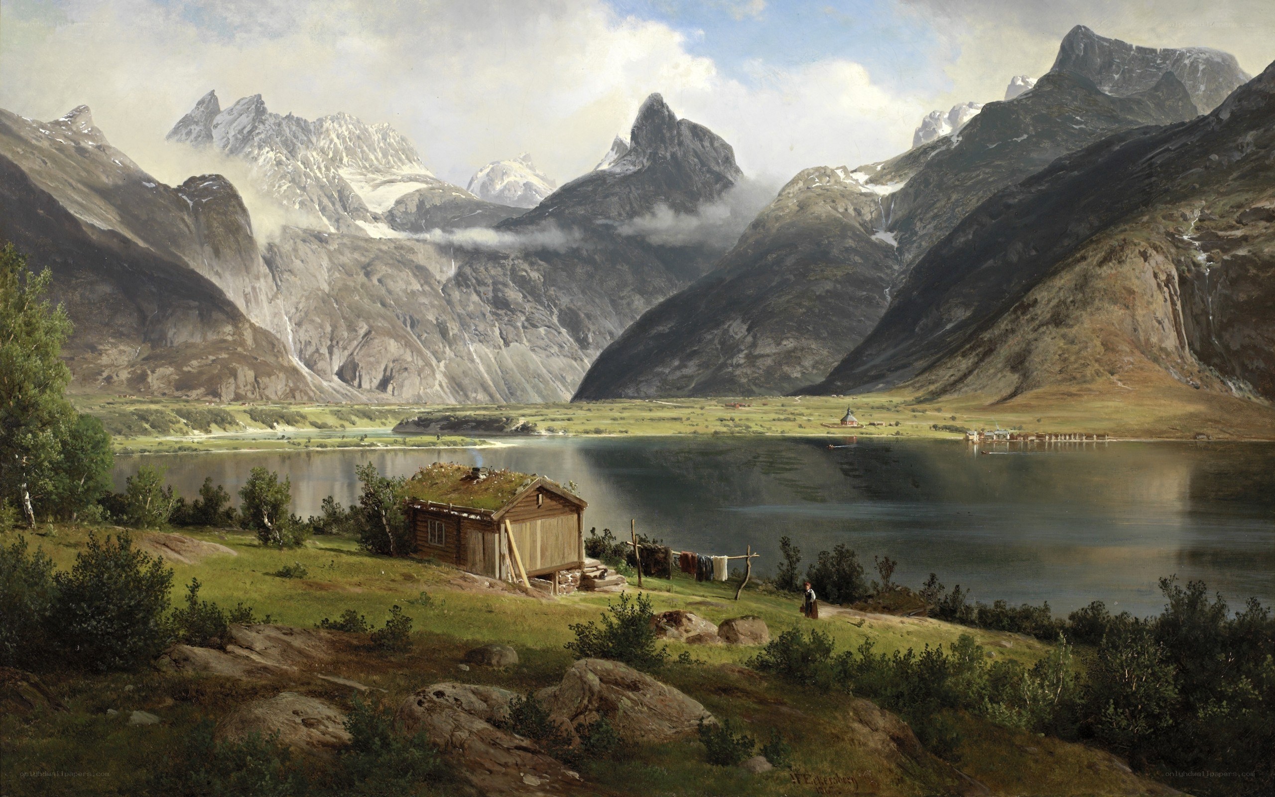 Mountain lake landscape painting
