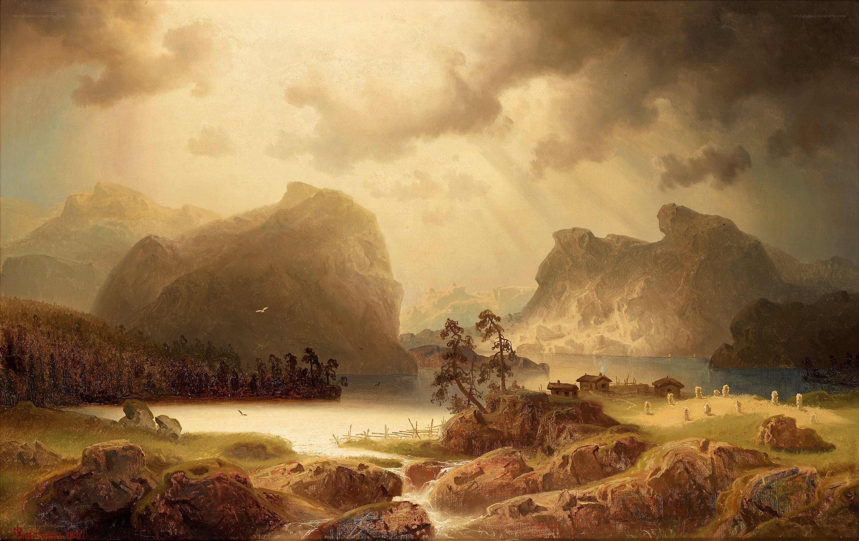 Mountain lake landscape painting