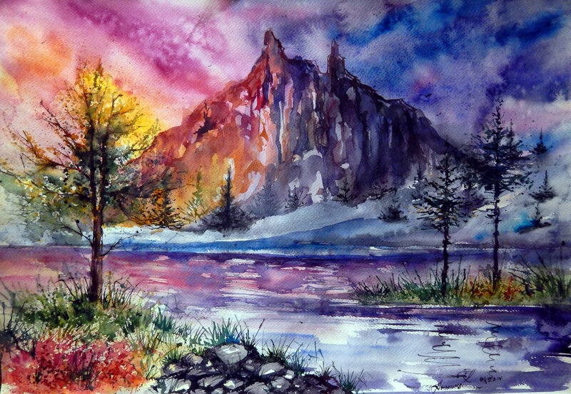 Mountain Lake Landscape — Purple, Dramatic, Sunset, Painting