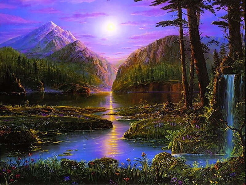 Mountain Lake Landscape — Purple, Serene, Night
