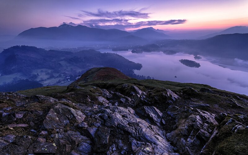 Mountain Lake Landscape — Purple, Serene, Sunrise