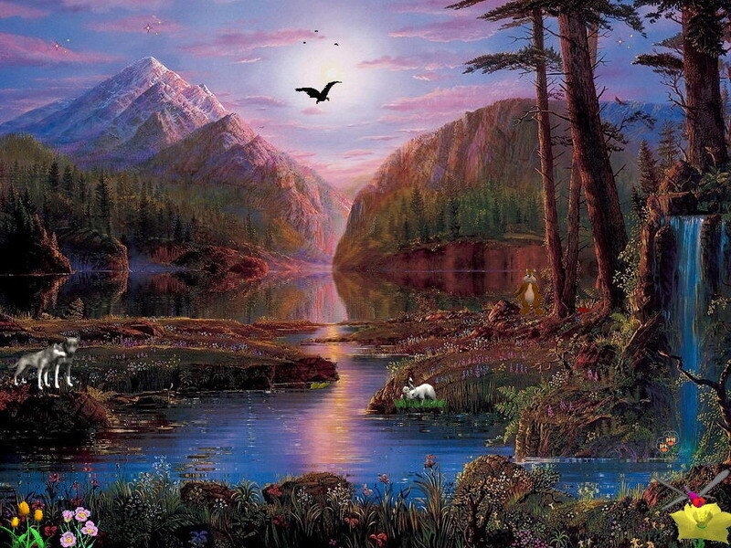 Mountain lake landscape with animals