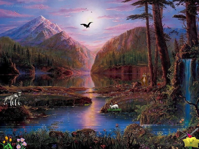 Mountain lake landscape with animals
