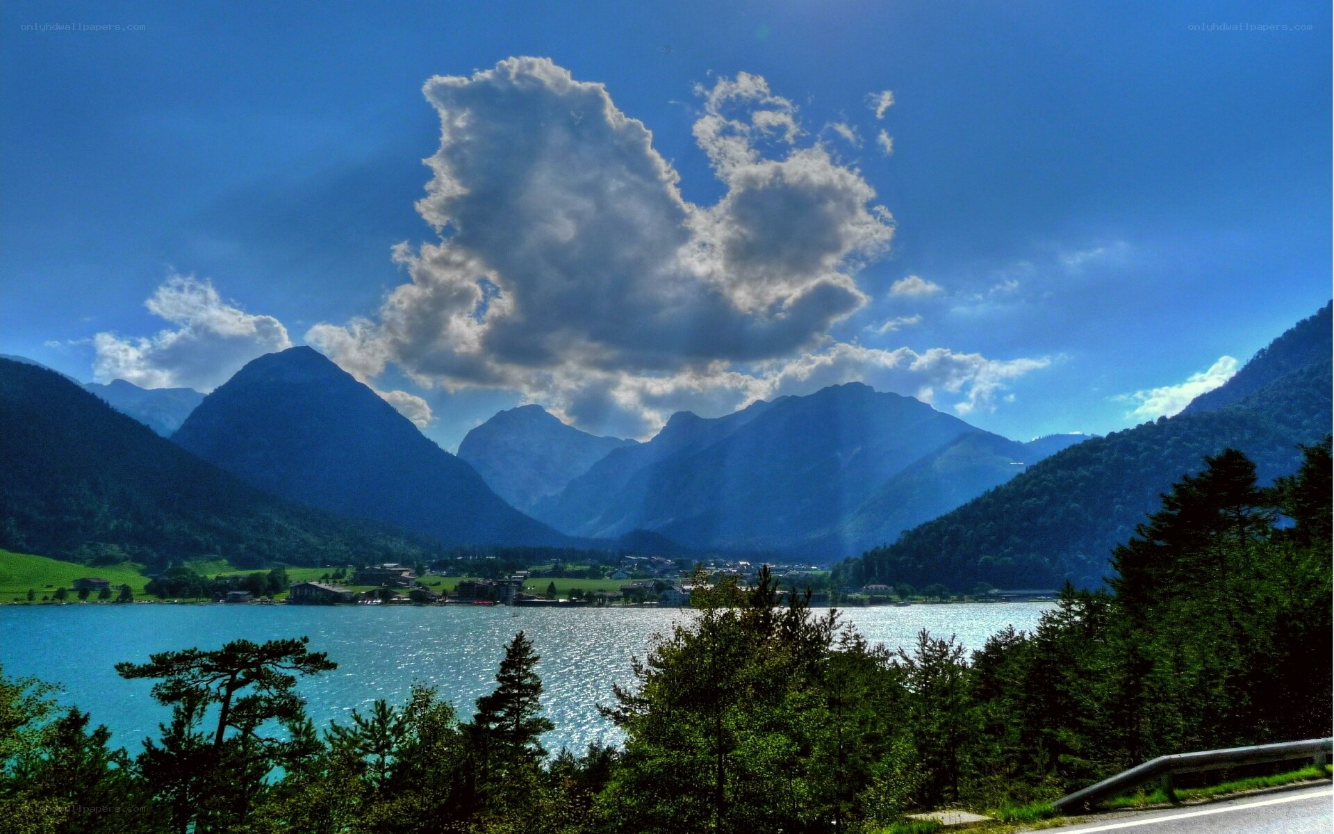 Mountain lake landscape with clouds