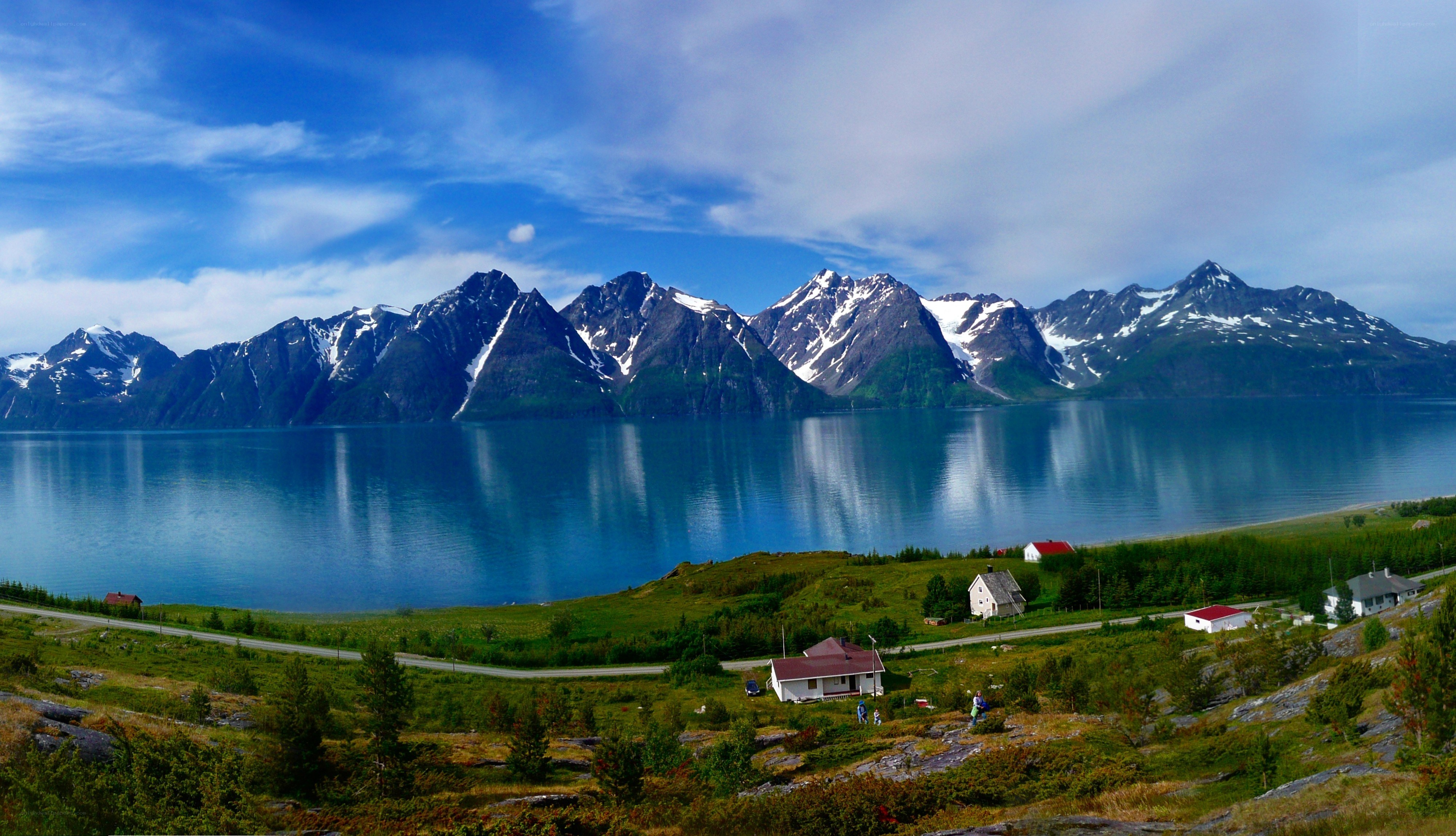 Mountain lake landscape with houses