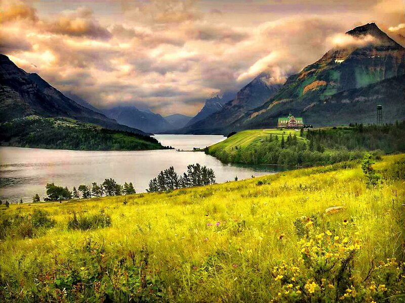Mountain Lake Landscape — Yellow, Serene