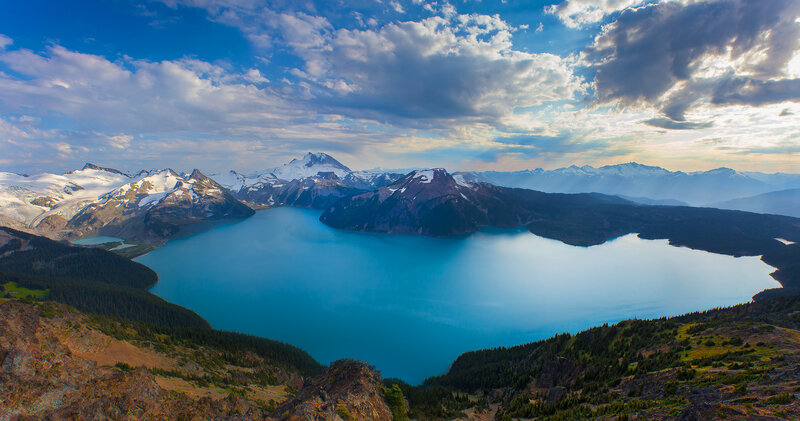 Mountain Lake Panorama — Blue, Serene, Morning