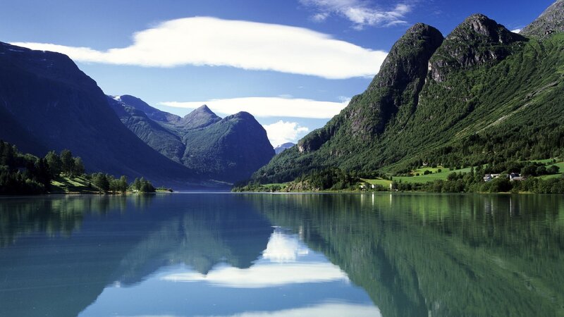 Mountain Lake Reflection — Afternoon, Clouds