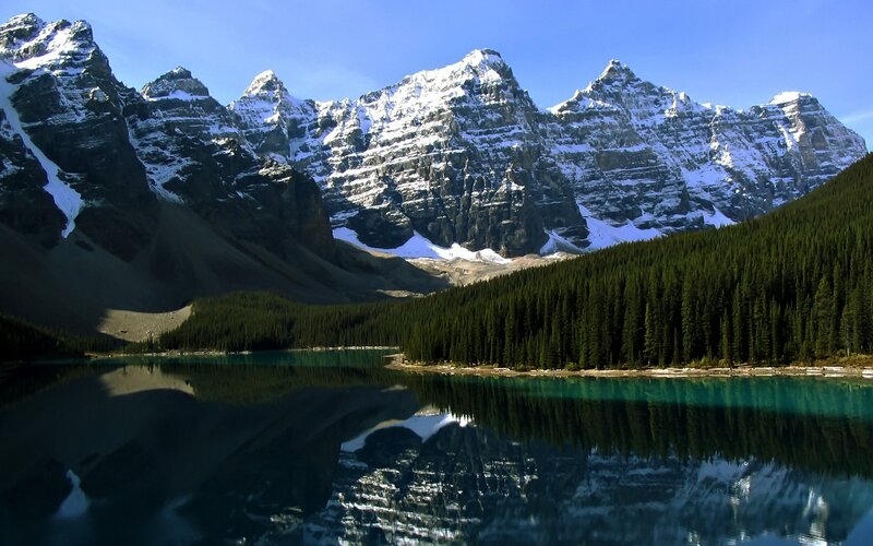 Mountain Lake Reflection — Afternoon, Snow-capped Mountains